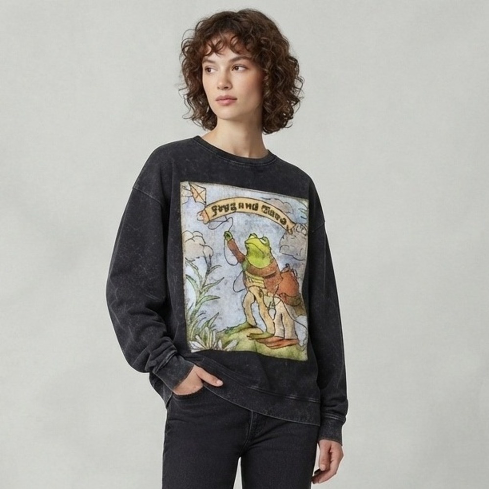 Frog and Toad Acid Wash Sweatshirt Black Tapestry Graphic Pullover Oversized L